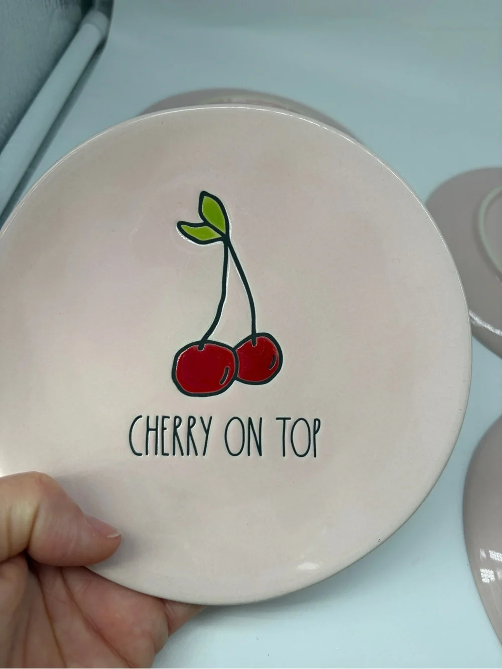 Rae Dunn Pink 'Cherry On Top' Dessert Plates - Red Cherry Design 6”